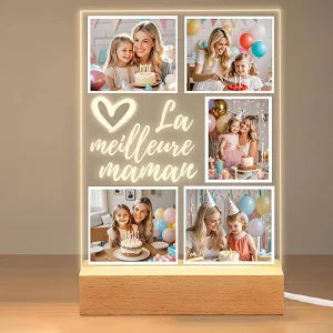 ABirdon Cadeaux Personnalisés pour Maman de la Fille ou du Fils,Cadre Photo Personnalisé et Lampe de Nuit en Noyer Anniversaire, Noël et Fête des