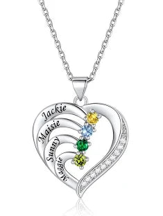 Custom4U Collier Personnalisé pour Femme 1-5 Prénom Gravures Pierre de Naissance Pendentif Infini/Cœur Collier Maman Cadeau Personnalisé pour Fête des