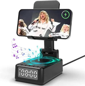 Cadeau Homme, Enceinte Bluetooth 5-en-1, Réveil, Charge Sans Fil et Support | Support Pliable pour Téléphone Bureau,Idée Noël Cadeau Homme