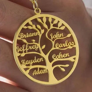 Collier personnalisé arbre généalogique avec noms gravés, doré, unisexe, cadeau unique pour maman, grand-mère, anniversaire ou fête des mères